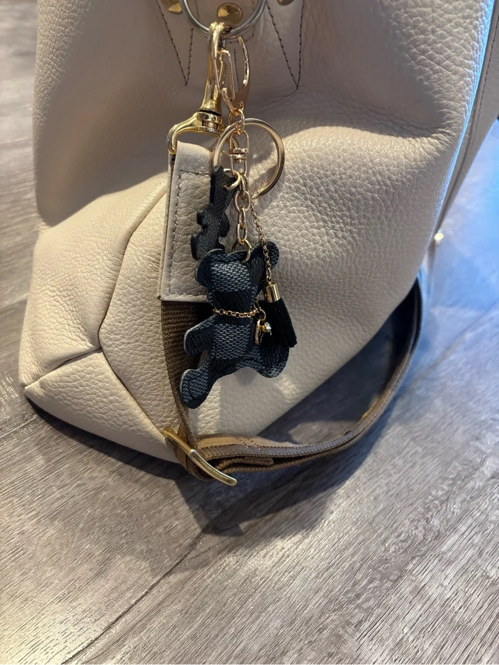 New! Buffalo Plaid Teddy Bear Keychain with Tassel Charm – Black & Gray
